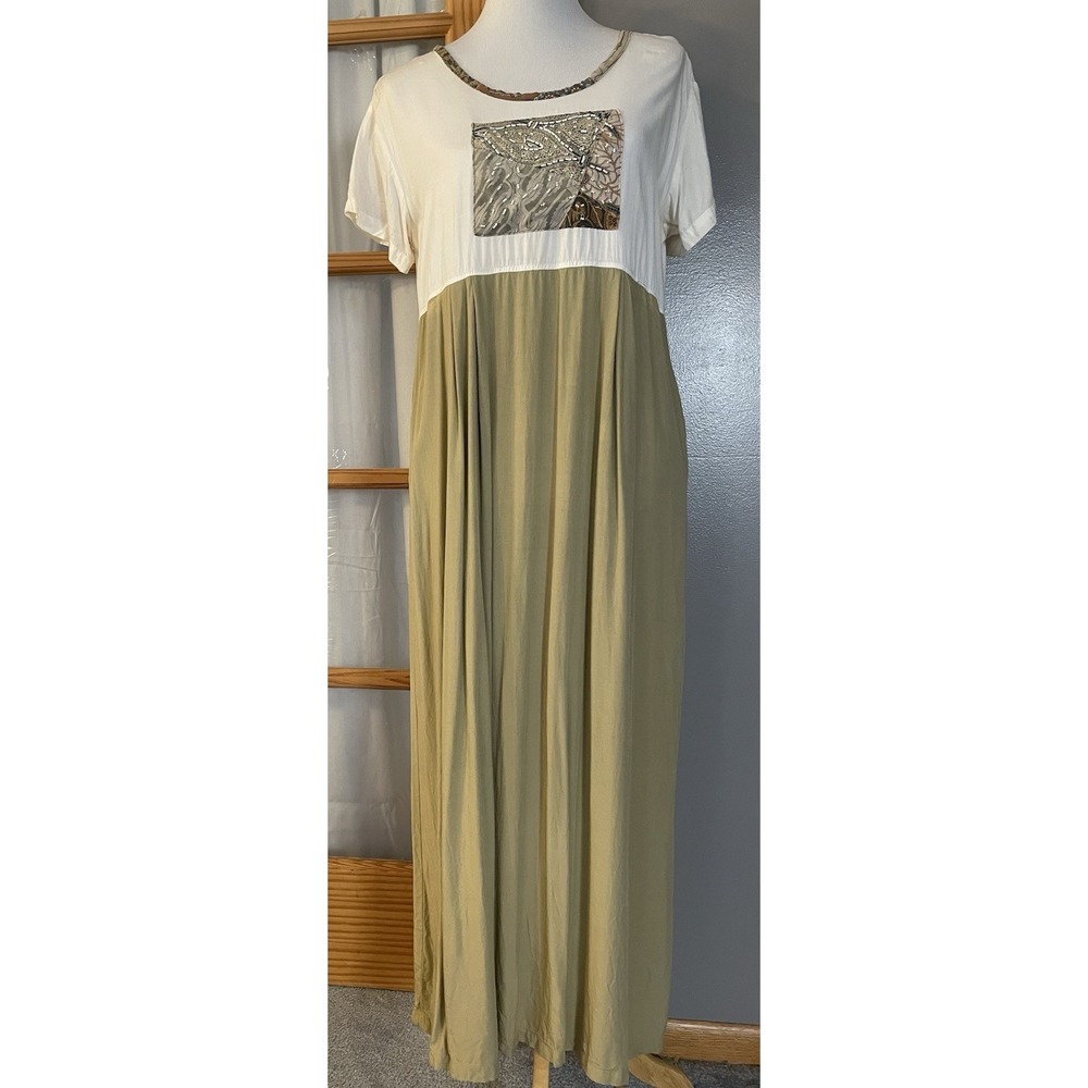 90s Nativewear Designs Midi Dress Sz L Beaded Bodice Ivory Olive High Waist Boho